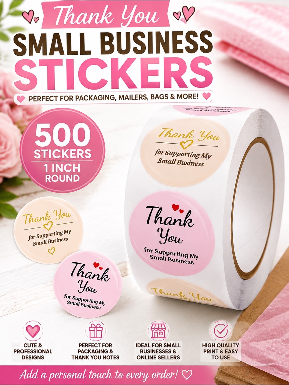 Thank You Small Business Stickers 1 Inch Round Pink Peach Roll